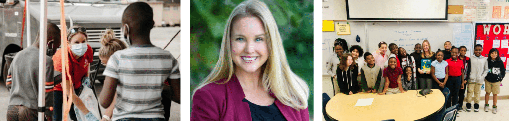 collage of Jennifer Ethridge with students and her headshot